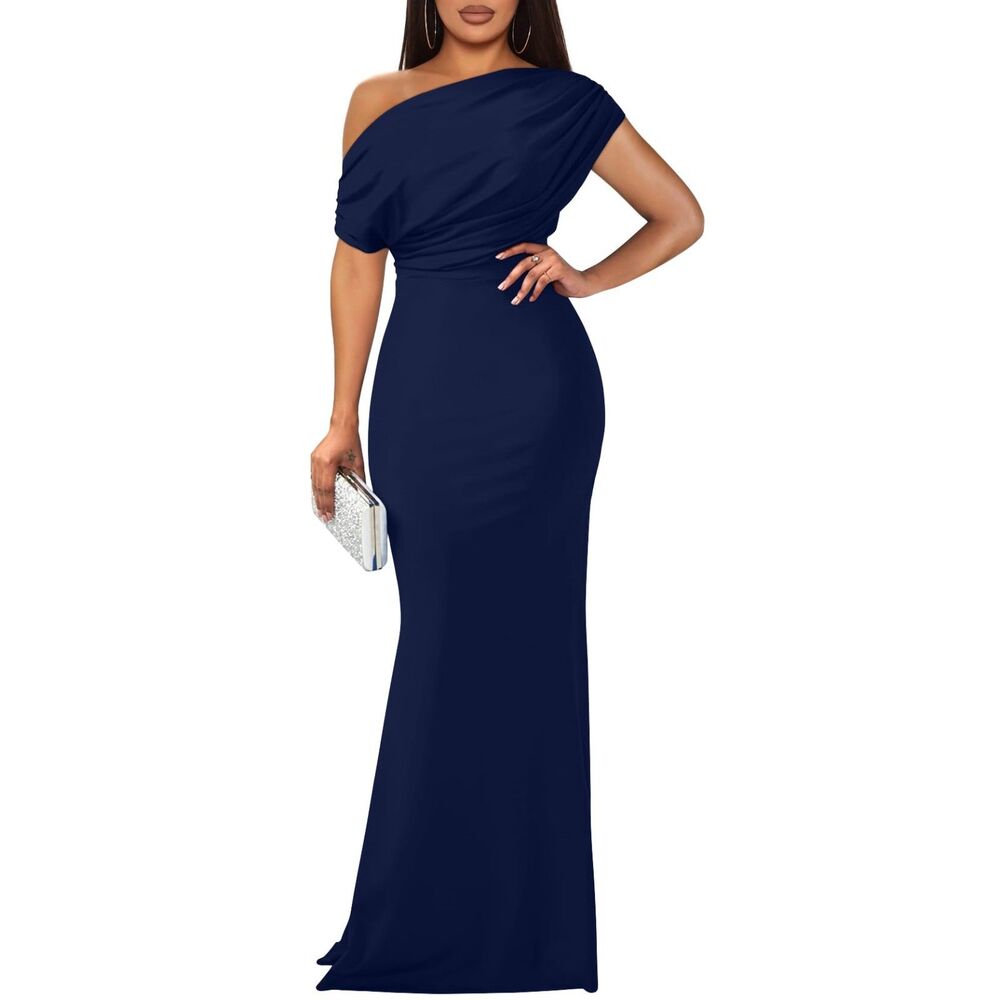 Elegant Sleeveless Off Shoulder Bodycon Long Formal Evening Dress (L, Navy)